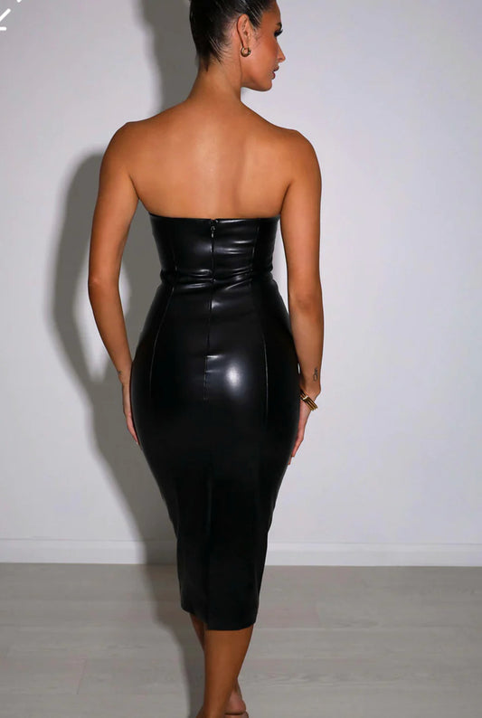 Women Clothing Fall Winter Solid Color Faux Leather Sexy Tube Top Cinched Waist Sheath Dress - Iyanka