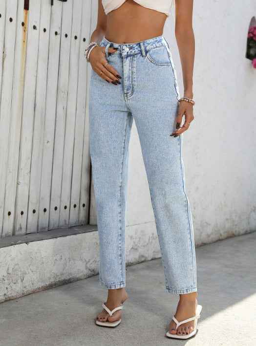 Women High Waist Casual All Matching Straight Jeans