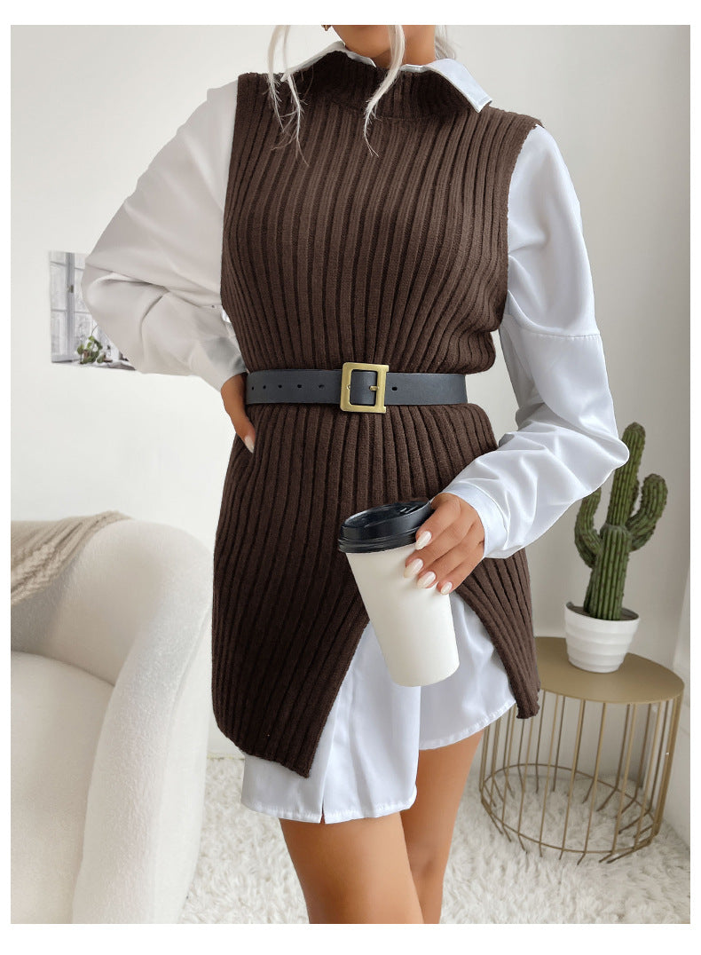 Dedicated for Early Autumn Middle East Women Split Solid Color Mid Length Vest Sweater - Iyanka