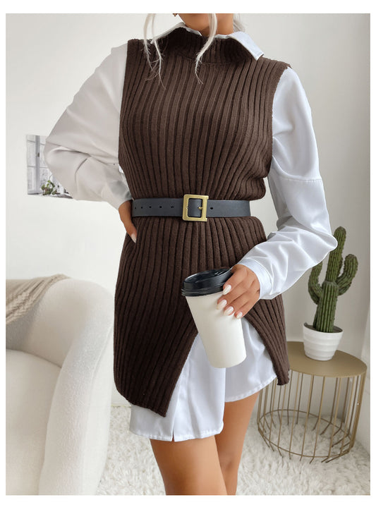 Dedicated for Early Autumn Middle East Women Split Solid Color Mid Length Vest Sweater - Iyanka