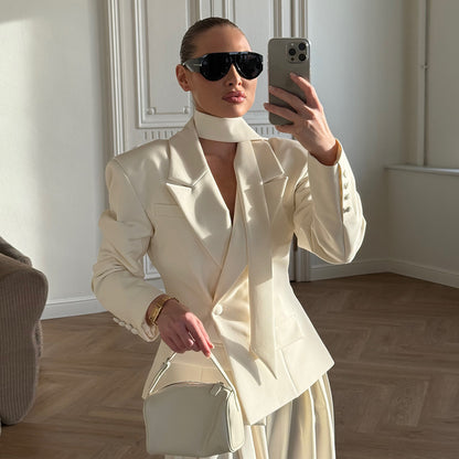 Ribbon Waist Tight Blazer for Women Autumn Winter Office Coat Short Blazer - Iyanka
