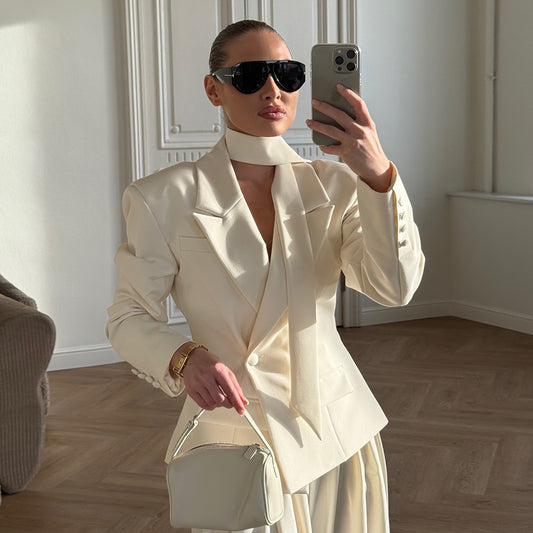 Ribbon Waist Tight Blazer for Women Autumn Winter Office Coat Short Blazer - Iyanka