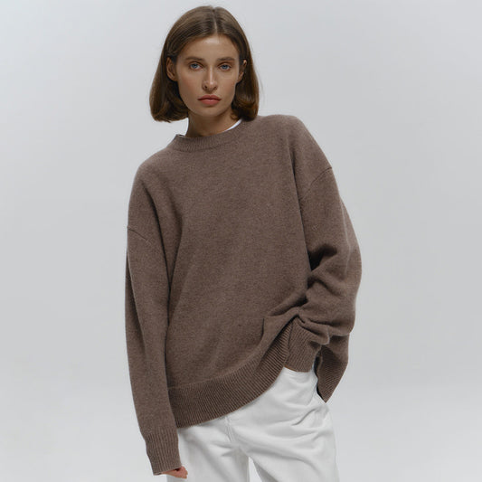 Round Neck Sweater Women Autumn Winter Loose Pullover Sweater Simple Solid Color Sweater - Iyanka