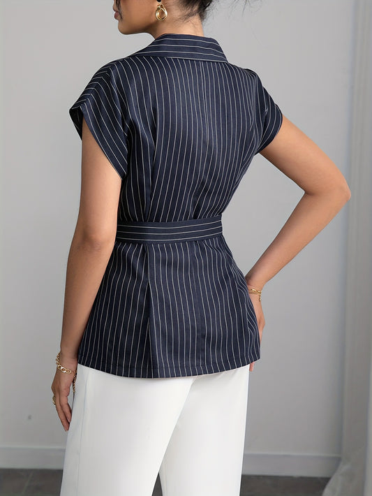 Elegant Collared Cardigan Short Sleeve Blazer Double Row Button Lace up Waist Controlled Design Shirt Women - Iyanka
