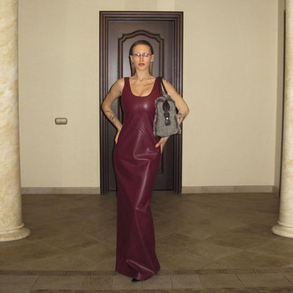 Autumn Sexy U Collar Slim Strap Faux Leather Solid Color Split Maxi Dress Women - Iyanka