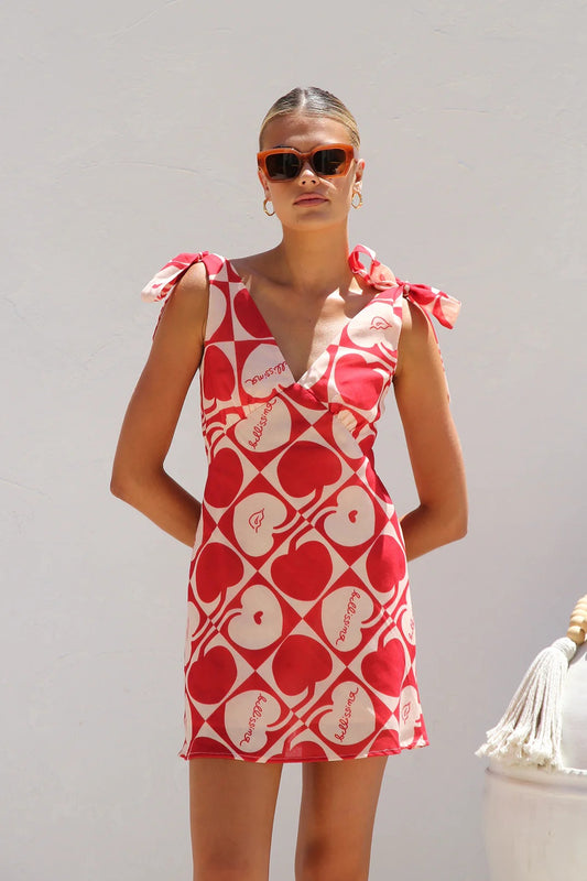 Summer Dress Printed V neck Lace up Mini Sling Dress