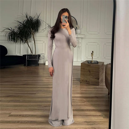 Women Clothing Casual Solid Color Crew Neck Split Long Sleeve Slim Fit Bootcut Pants Two Piece Sets - Iyanka