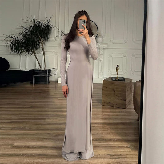 Women Clothing Casual Solid Color Crew Neck Split Long Sleeve Slim Fit Bootcut Pants Two Piece Sets - Iyanka