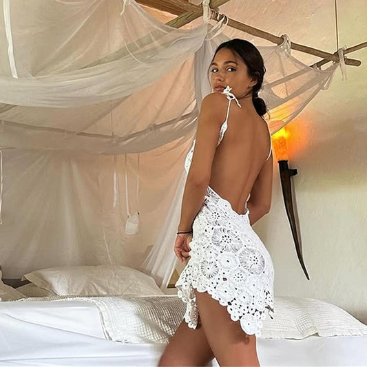 Summer Sexy Lace Cutout Solid Color Crochet Beach Cover up Dress Women - Iyanka