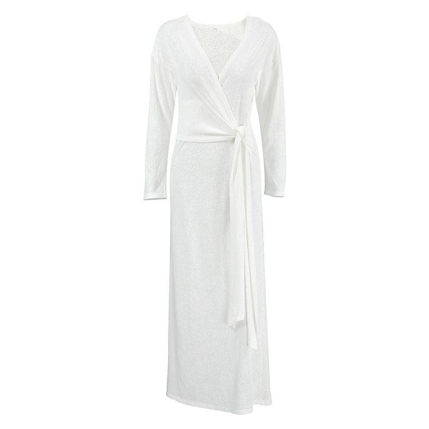 Autumn Comfort Loose Knitted Nightgown Breathable Long Sleeves Lace up Soft Outerwear Homewear - Iyanka