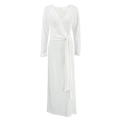 Autumn Comfort Loose Knitted Nightgown Breathable Long Sleeves Lace up Soft Outerwear Homewear - Iyanka