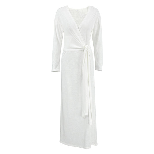 Autumn Comfort Loose Knitted Nightgown Breathable Long Sleeves Lace up Soft Outerwear Homewear - Iyanka