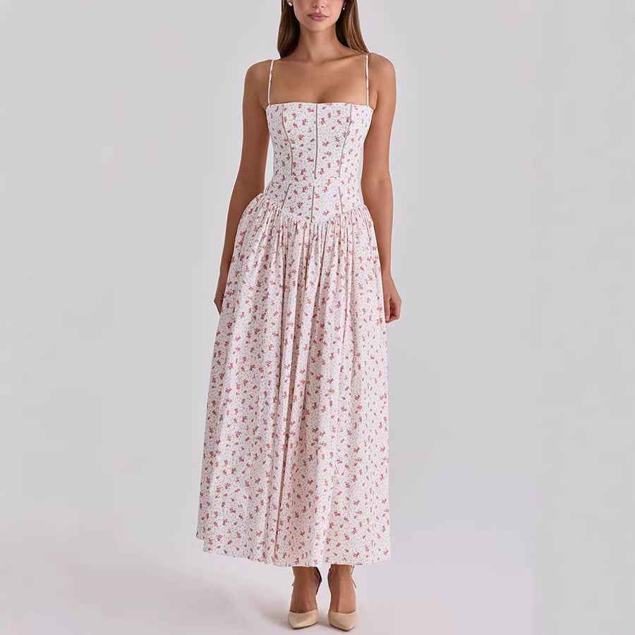 Spring Summer Printed Zipper Strap Dress Casual Holiday Dress