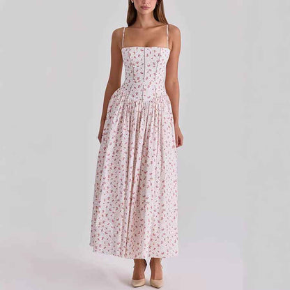 Spring Summer Printed Zipper Strap Dress Casual Holiday Dress