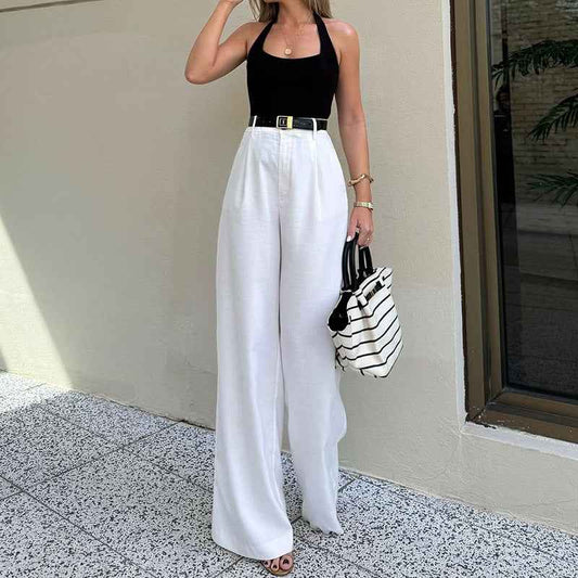 Solid Color High Waist Wide Leg Straight Trousers