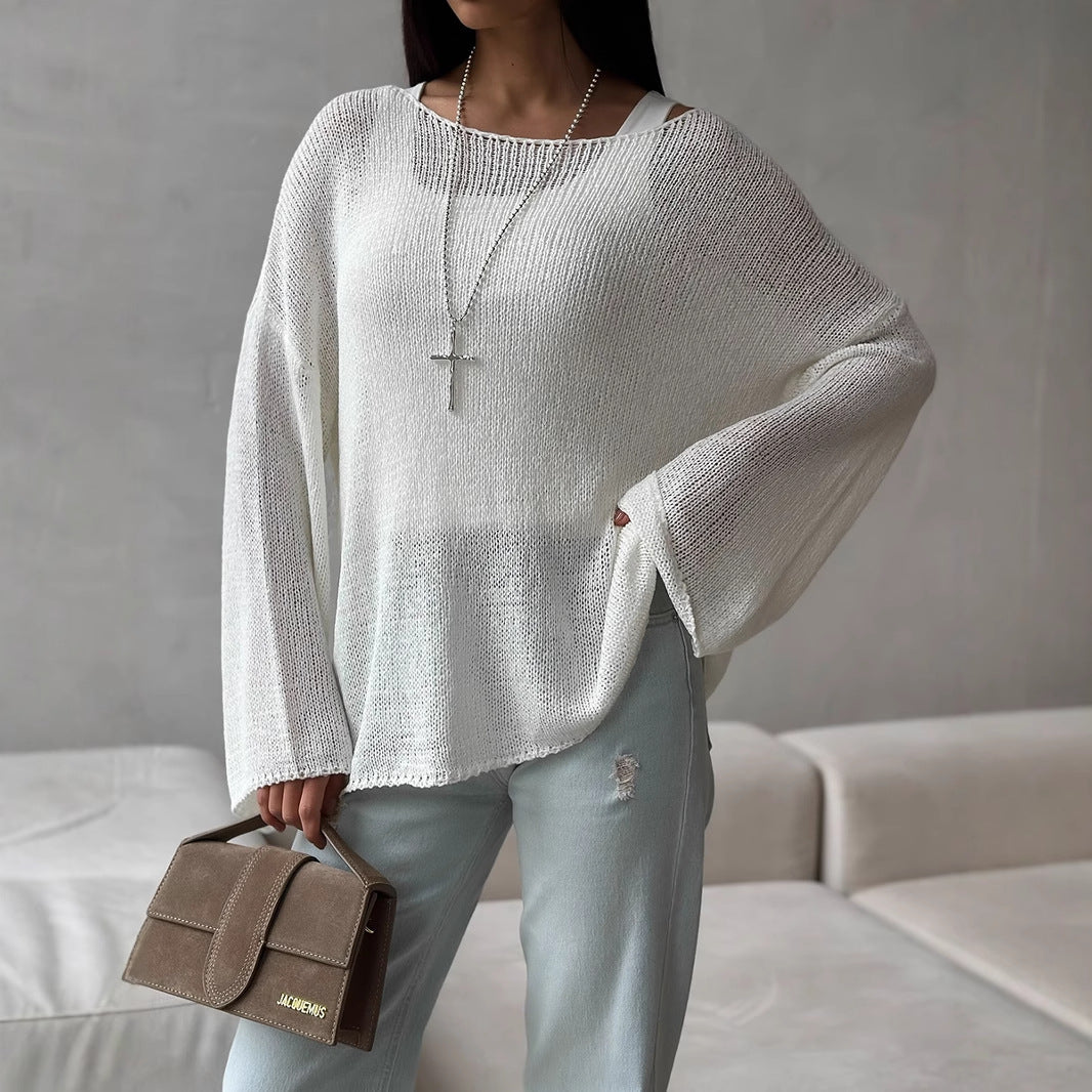 Simple Solid Color Long Sleeved Sweater Spring Knitted Hollow Out Cutout Top Casual Sweater - Iyanka