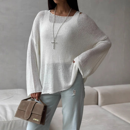 Simple Solid Color Long Sleeved Sweater Spring Knitted Hollow Out Cutout Top Casual Sweater - Iyanka