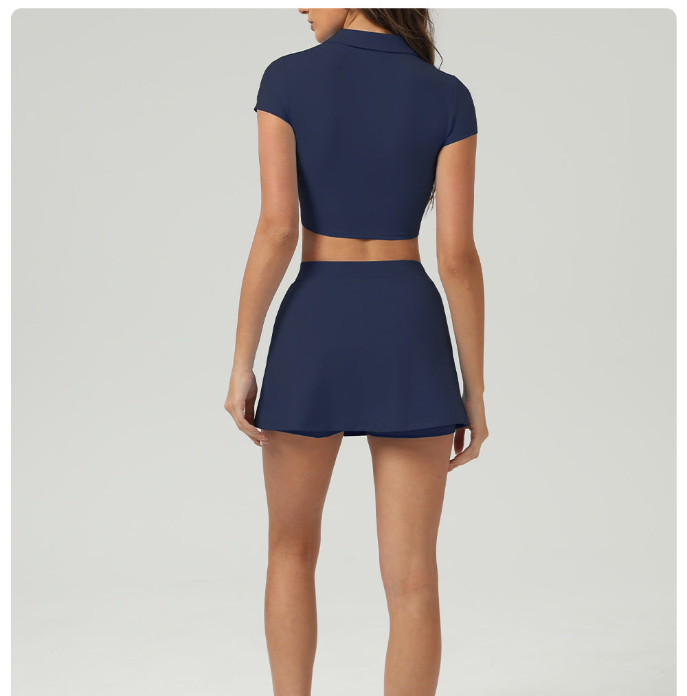 Summer Tennis Skirt Ice Feeling Sun Protection Sports Short Sleeve Top Loose Running Anti Emptied Pantskirt Two Piece Sets - Iyanka