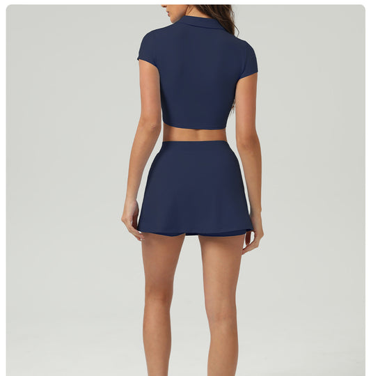 Summer Tennis Skirt Ice Feeling Sun Protection Sports Short Sleeve Top Loose Running Anti Emptied Pantskirt Two Piece Sets - Iyanka
