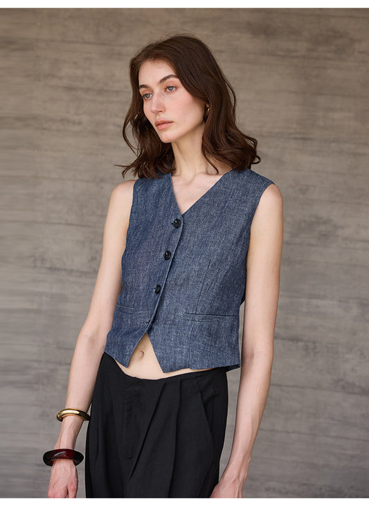 V neck Yarn Dyed Pure Linen Vest for Women Special Interest Design Vest Summer French Bandage Dress Vest - Iyanka