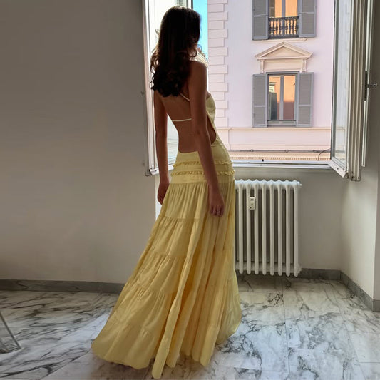 Sexy Hollow Out Cutout out Backless Stitching Tied One Shoulder Pleated Multi Layer Maxi Dress Women