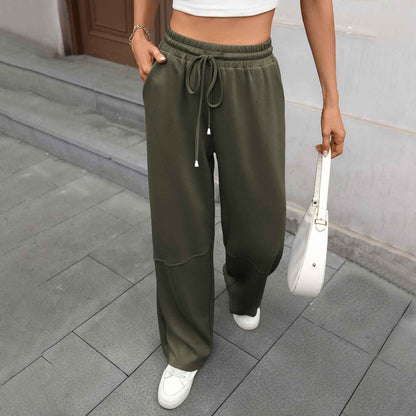 Autumn Winter Solid Color Elastic Waist Drawstring Pocket Wide Leg Pants Trousers for Women