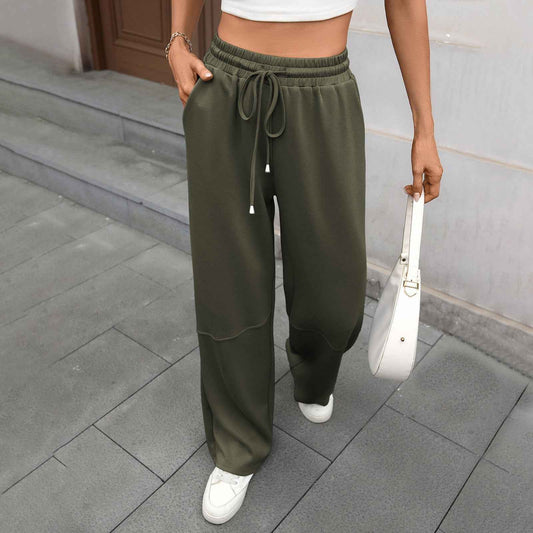 Autumn Winter Solid Color Elastic Waist Drawstring Pocket Wide Leg Pants Trousers for Women