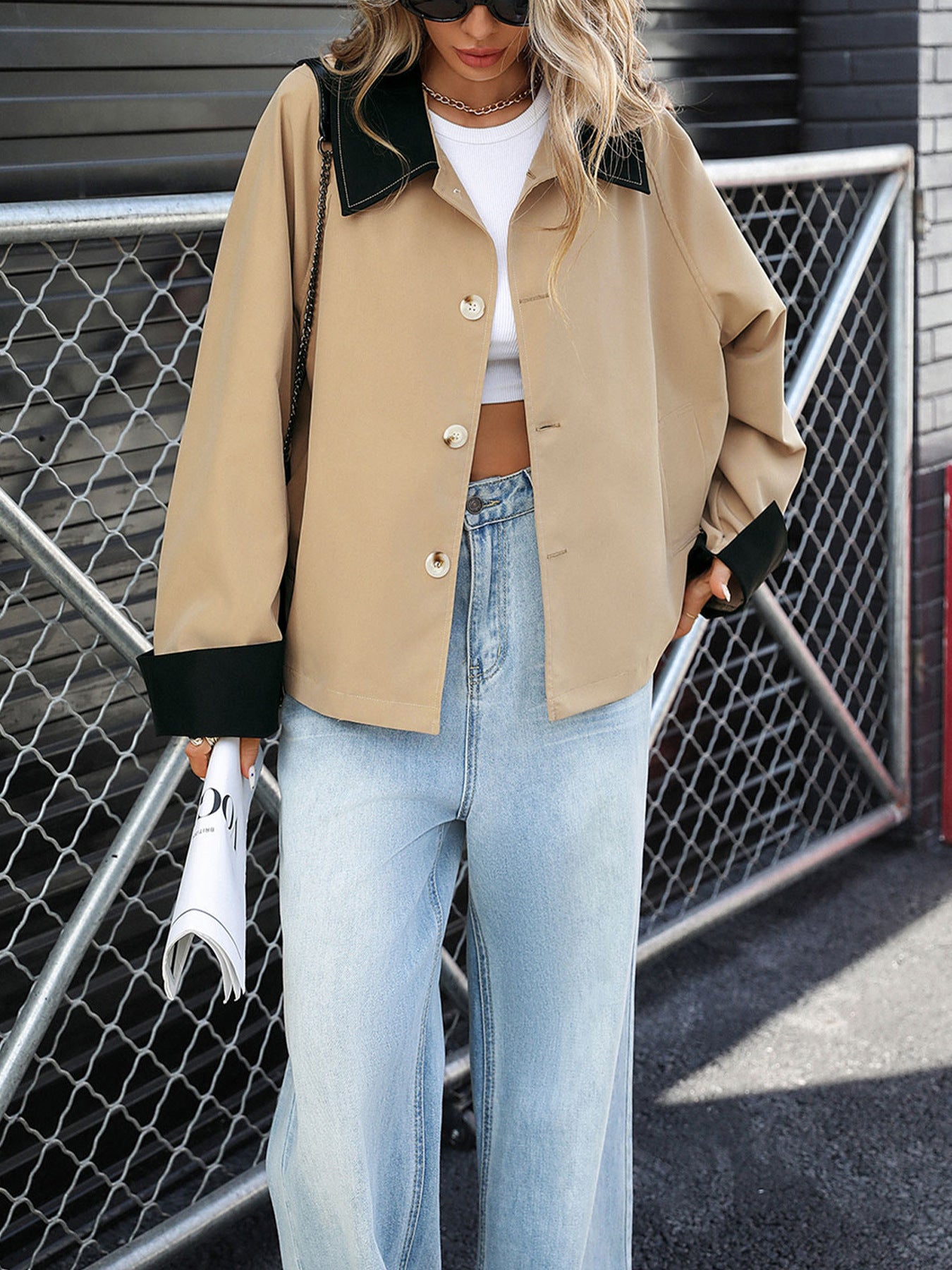 Cardigan Autumn Contrast Color Lapels Short Thin Coat Women - Iyanka