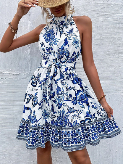 Summer Women Clothing Floral Tight Waist Halter Lace up Dress