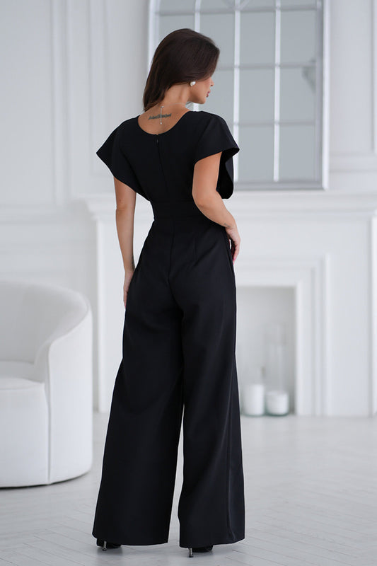 Women Summer Elegance Office V neck Tight Waist Solid Color One Piece Trousers - Iyanka