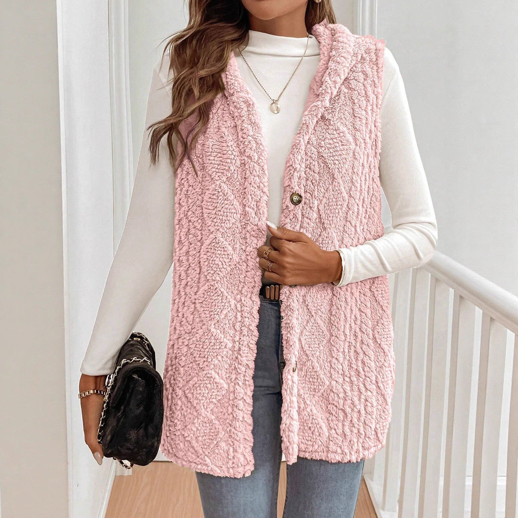 Autumn Winter Women Double Sided Plush Casual Hooded Cardigan Vest - Iyanka