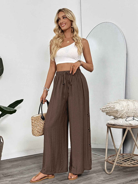 Casual Simple Lace up Embroidery Solid Color Loose Wide Leg Pants Thin Women