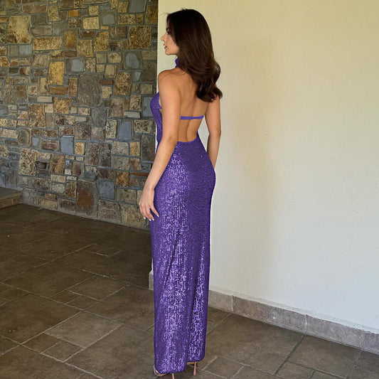 Summer Elegant Slim Women Dress Sexy Backless Sleeveless Sequined Sheath Dress