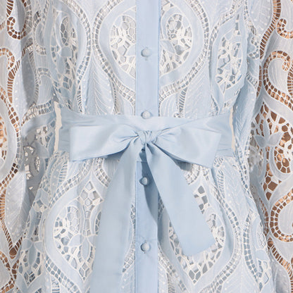 Heavy Industry Embroidery Summer Polo Collar Long Sleeve Lace Up Waist Irregular Asymmetric Dress Women