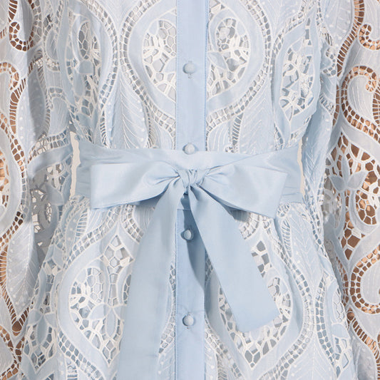 Heavy Industry Embroidery Summer Polo Collar Long Sleeve Lace Up Waist Irregular Asymmetric Dress Women