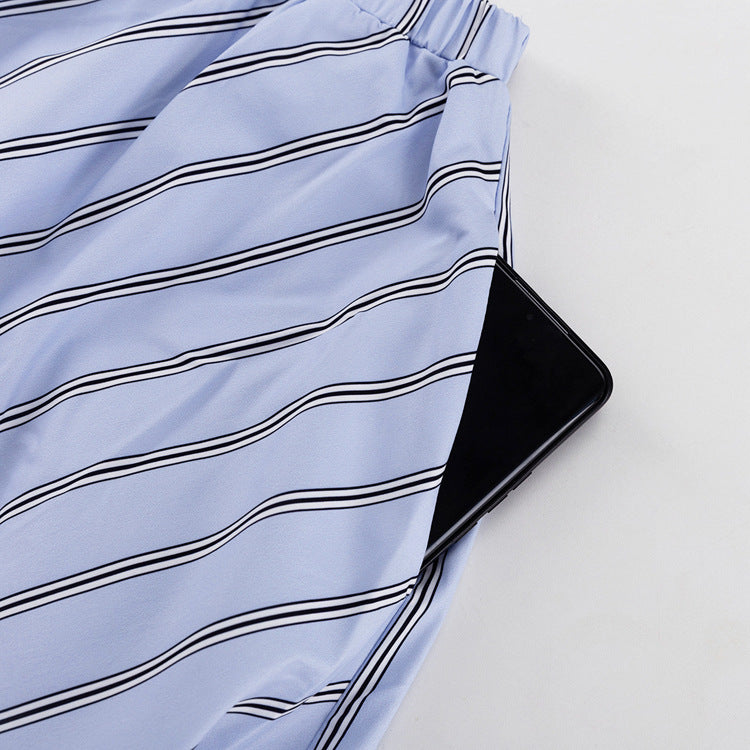 Women Striped Skirt Set round Neck Long Sleeve Tied Pullover Top Office Two Piece Set - Iyanka