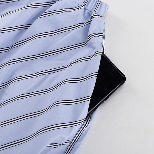 Women Striped Skirt Set round Neck Long Sleeve Tied Pullover Top Office Two Piece Set - Iyanka