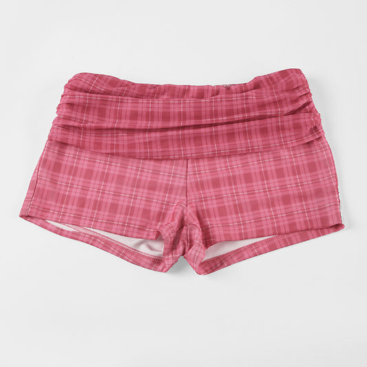 Vacation Casual Plaid Contrast Color Chest Shape Pleated V neck Suspender Shorts Sexy Two Piece Sets - Iyanka