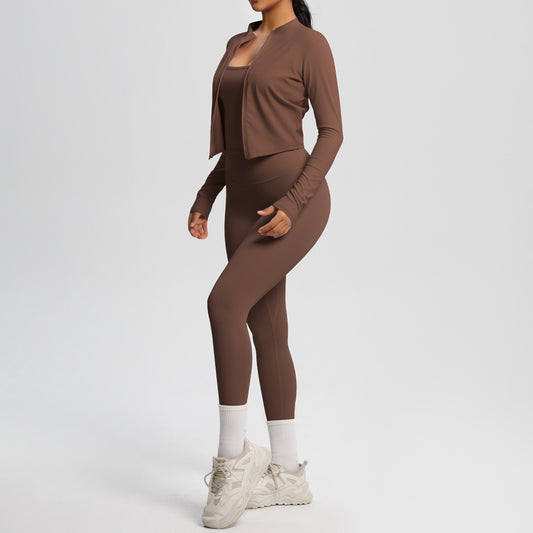 Skinny Yoga Pants High Waist Nude Feel Camisole Sports Zip Long Sleeve Coat Workout Clothes Three Piece Set - Iyanka