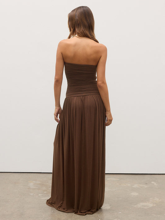 Women Clothing Solid Color Sleeveless Backless Slim Fit Pleated Tube Top Maxi Dress