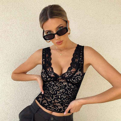 Women’s Summer Slim Fit V-Neck Lace Sleeveless Top – Casual Tank