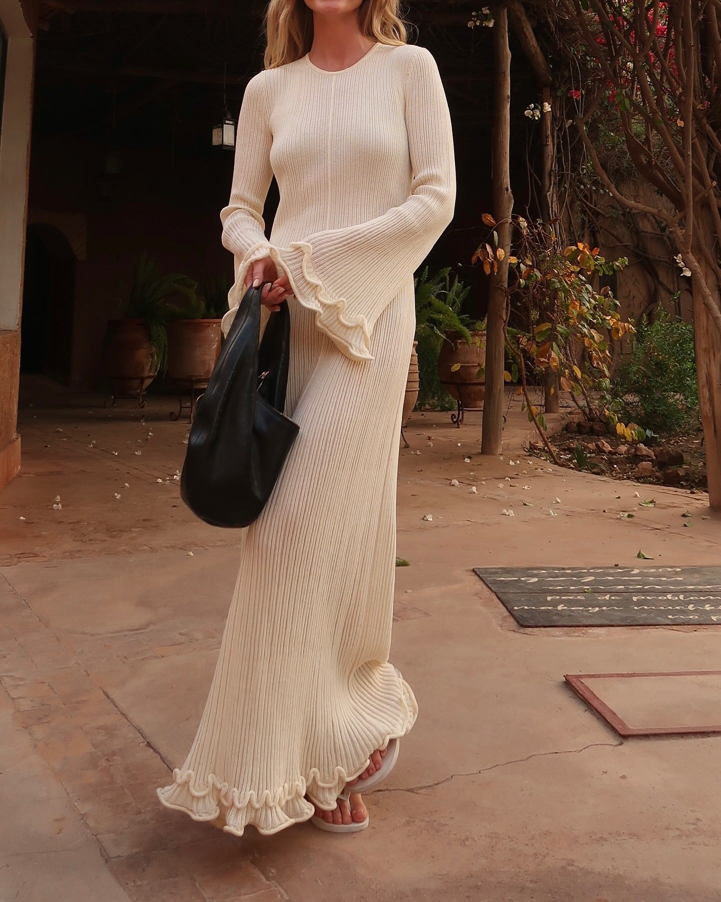 Women Clothing at Pleated Wavy Side Backless Lace up Long Sleeve Dress