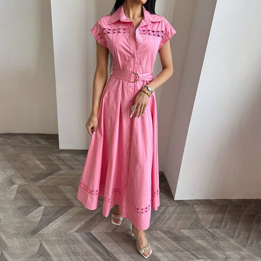 Solid Color Dress Summer Polo Collar Hollow Out Cutout out Belt Waist Trimming Short Sleeved Large Swing Dress Women