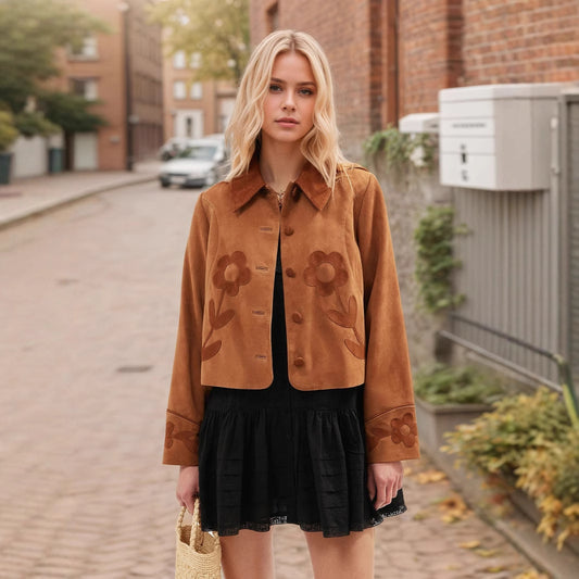 Elegant Retro Suede Floral Exquisite Decoration Embellished Collared Design Fashionable All Match Short Coat - Iyanka