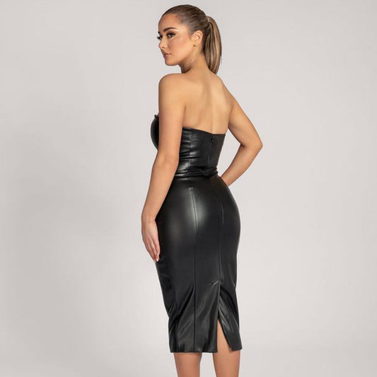 Autumn Winter Solid Color Faux Leather Elegant Slim-Fit Tube Top Back Slit Sexy Midi Dress - Iyanka