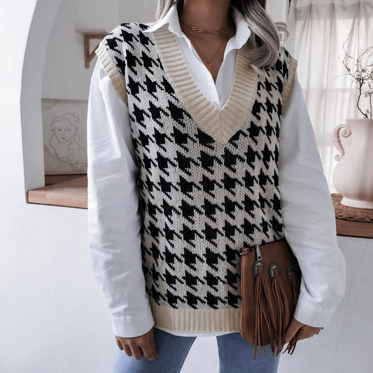 Autumn Winter V-neck Houndstooth Casual Loose Knitted Vest Sweater Waistcoat Women Clothing - Iyanka