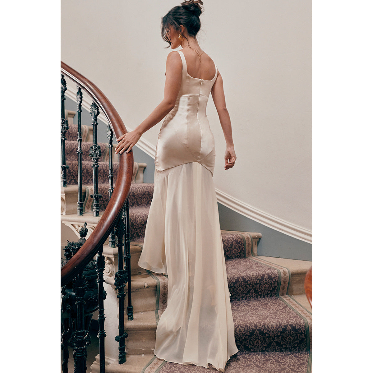 Women Spring High Grade Satin Chiffon Splicing Sling Sheath Forged Surface Dress Slim Fit Elegant Mop Dress - Iyanka