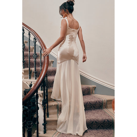 Women Spring High Grade Satin Chiffon Splicing Sling Sheath Forged Surface Dress Slim Fit Elegant Mop Dress - Iyanka