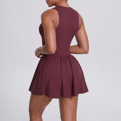 Cloud Sense Faux Two Pieces Zipped Stand Collar Dress Outdoor Running Anti Exposure Pocket Leggings Tennis Dress Women - Iyanka