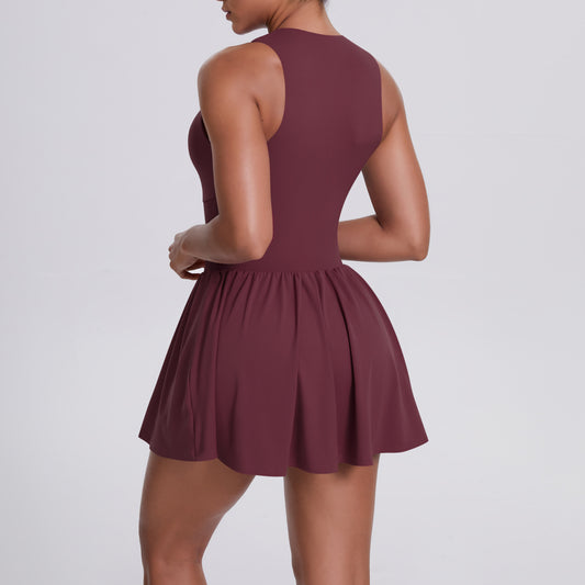 Cloud Sense Faux Two Pieces Zipped Stand Collar Dress Outdoor Running Anti Exposure Pocket Leggings Tennis Dress Women - Iyanka